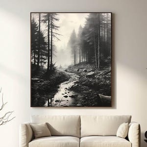Black and White Misty Forest Canvas Wall Art, Black Framed Wall Art, Foggy Forest Wall Art, Foggy Forest Art, Moody Black and White Painting image 2