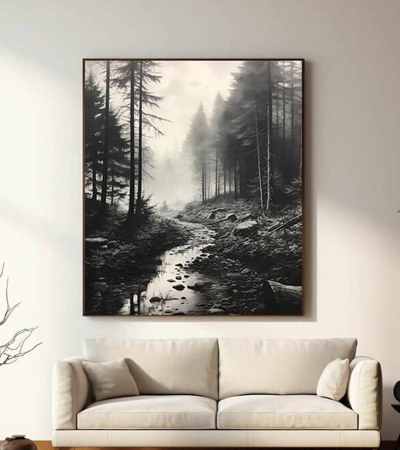 Black and White Misty Forest Canvas Wall Art, Black Framed Wall Art, Foggy Forest Wall Art, Foggy Forest Art, Moody Black and White Painting image 2