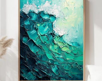 Teal Ocean Wave Framed Canvas, Textured Look Seascape Wall Art Abstract Coastal Painting Modern Beach House Decor, Nautical Aesthetic Accent