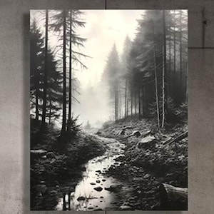 Black and White Misty Forest Canvas Wall Art, Black Framed Wall Art, Foggy Forest Wall Art, Foggy Forest Art, Moody Black and White Painting image 1