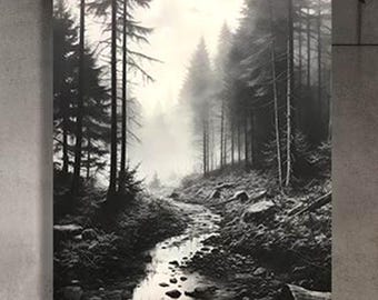 Black and White Misty Forest Canvas Wall Art, Black Framed Wall Art, Foggy Forest Wall Art, Foggy Forest Art, Moody Black and White Painting