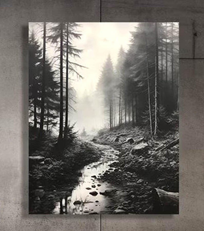 Black and White Misty Forest Canvas Wall Art, Black Framed Wall Art, Foggy Forest Wall Art, Foggy Forest Art, Moody Black and White Painting image 1
