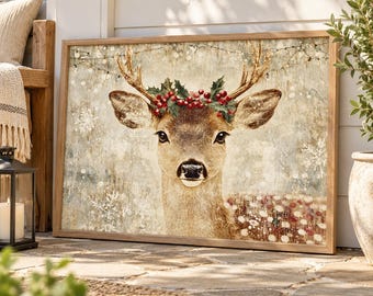 Christmas Deer Wall Art, Holly Berry Reindeer Canvas Print, Vintage Winter Wildlife Artwork, Rustic Farmhouse Holiday Decor, Deer Lover Gift