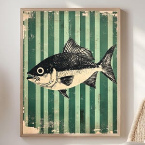 Vintage Fish Wall Art, Green Striped Background Print, Nautical Coastal Decor, Retro Fishing Poster, Rustic Beach House Wall Accent