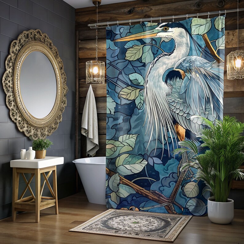 Blue Heron Printed Coastal William Morris Shower Curtain, Bathroom ...
