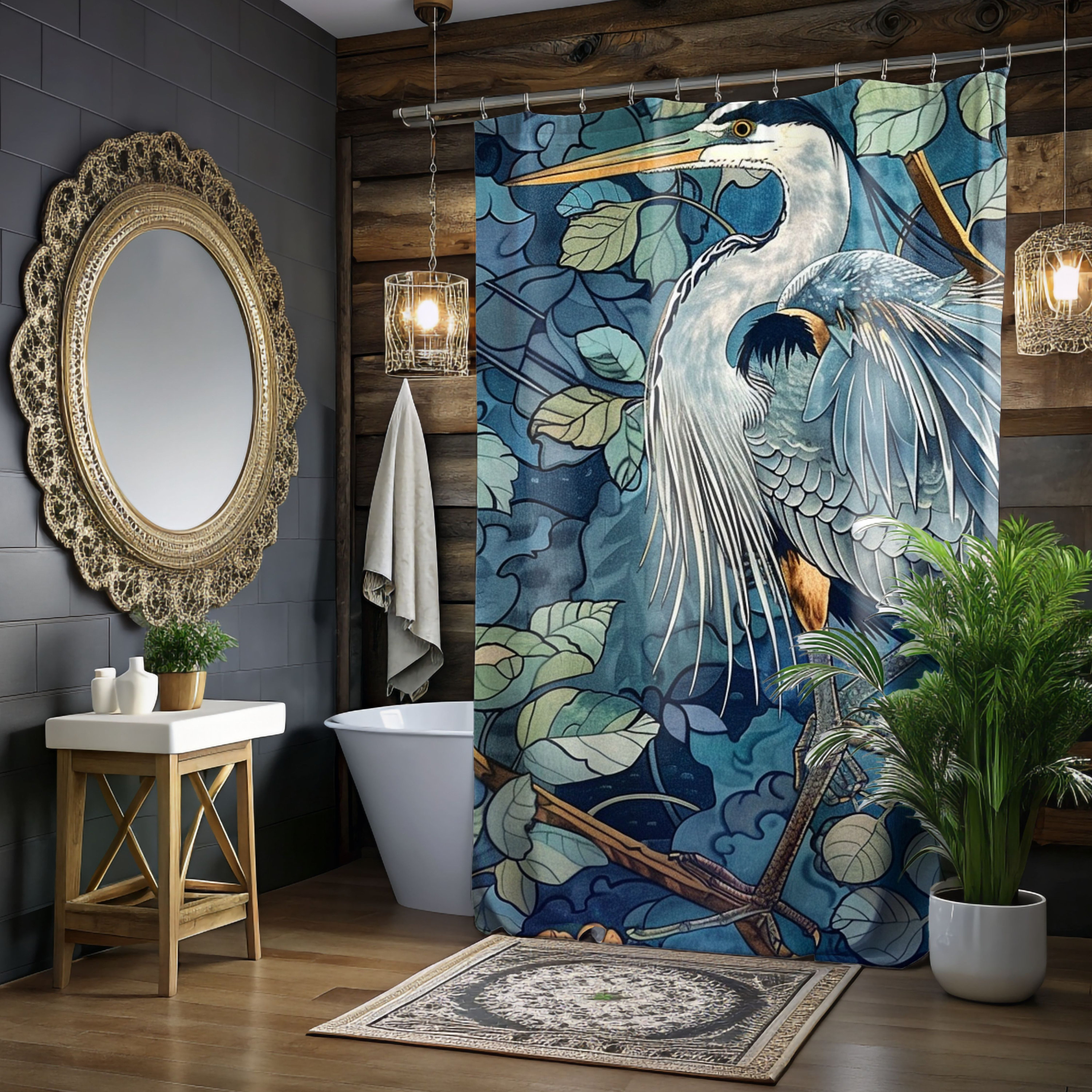 Blue Heron Printed Coastal William Morris Shower Curtain, Bathroom ...