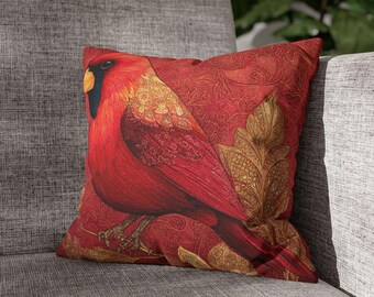 Rotkardinal-Kissen, Vogelkissen im Batik-Stil, Herbstvogel-Wurfkissen, Naturinspiriertes Dekor, rustikaler Waldakzent