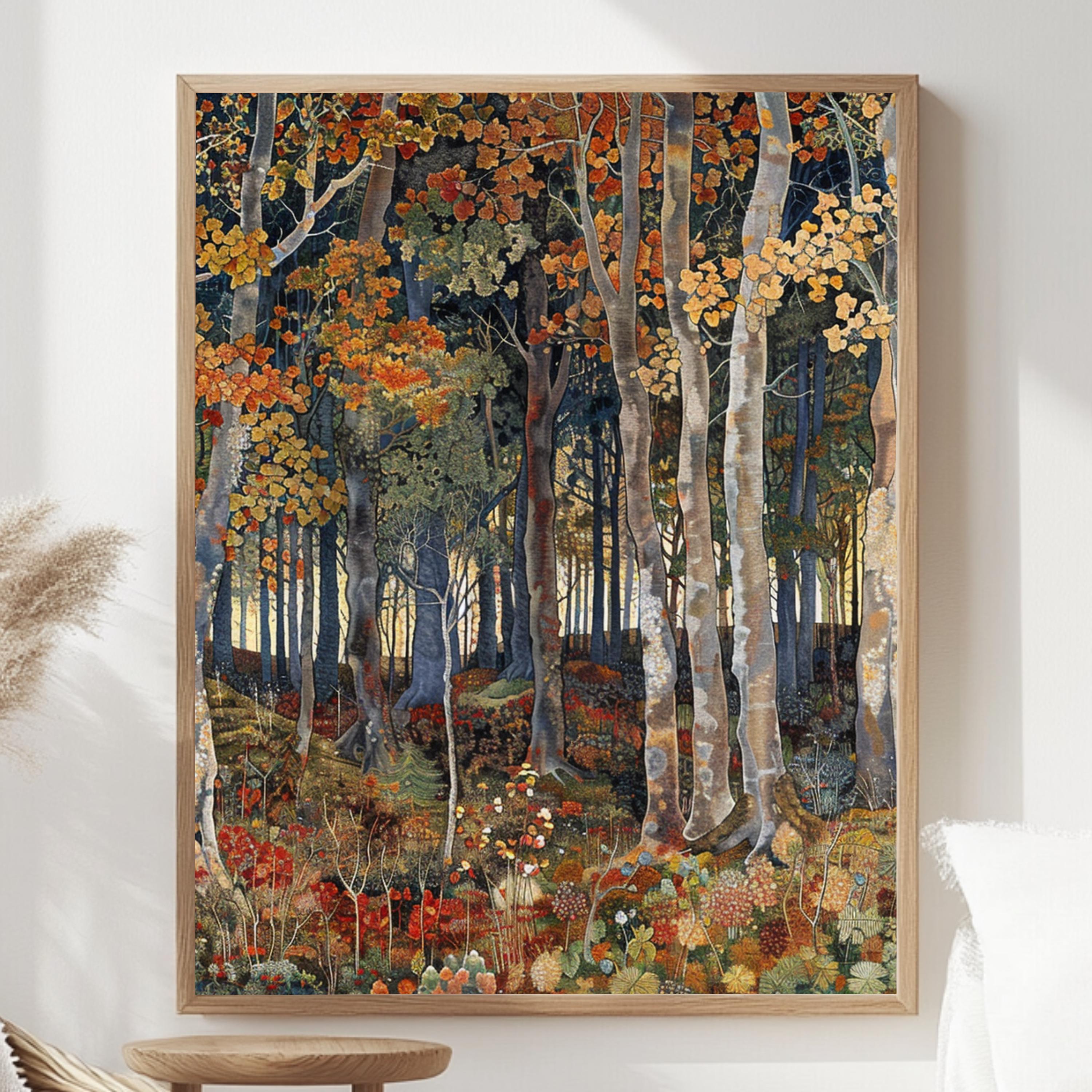 William Morris Inspired Autumn Forest Canvas Wall Art, Fall Painting, Vintage Botanical Art, Rustic Autumn Decor, Nature-Inspired Home Decor