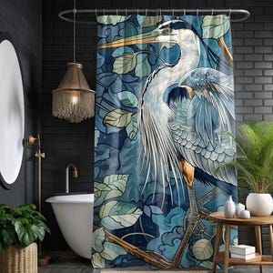 Blue Heron Printed Coastal William Morris Shower Curtain, Bathroom Decor, Bathroom Accessories, Bathroom Shower Curtain, Coastal Decor