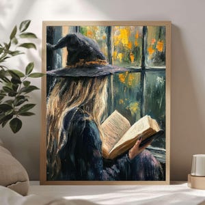Witch Reading Book of Spells Wall Art, Framed Canvas Art Witchy Decor, Mystical Witch Canvas, Mystical Spell Book Art Print