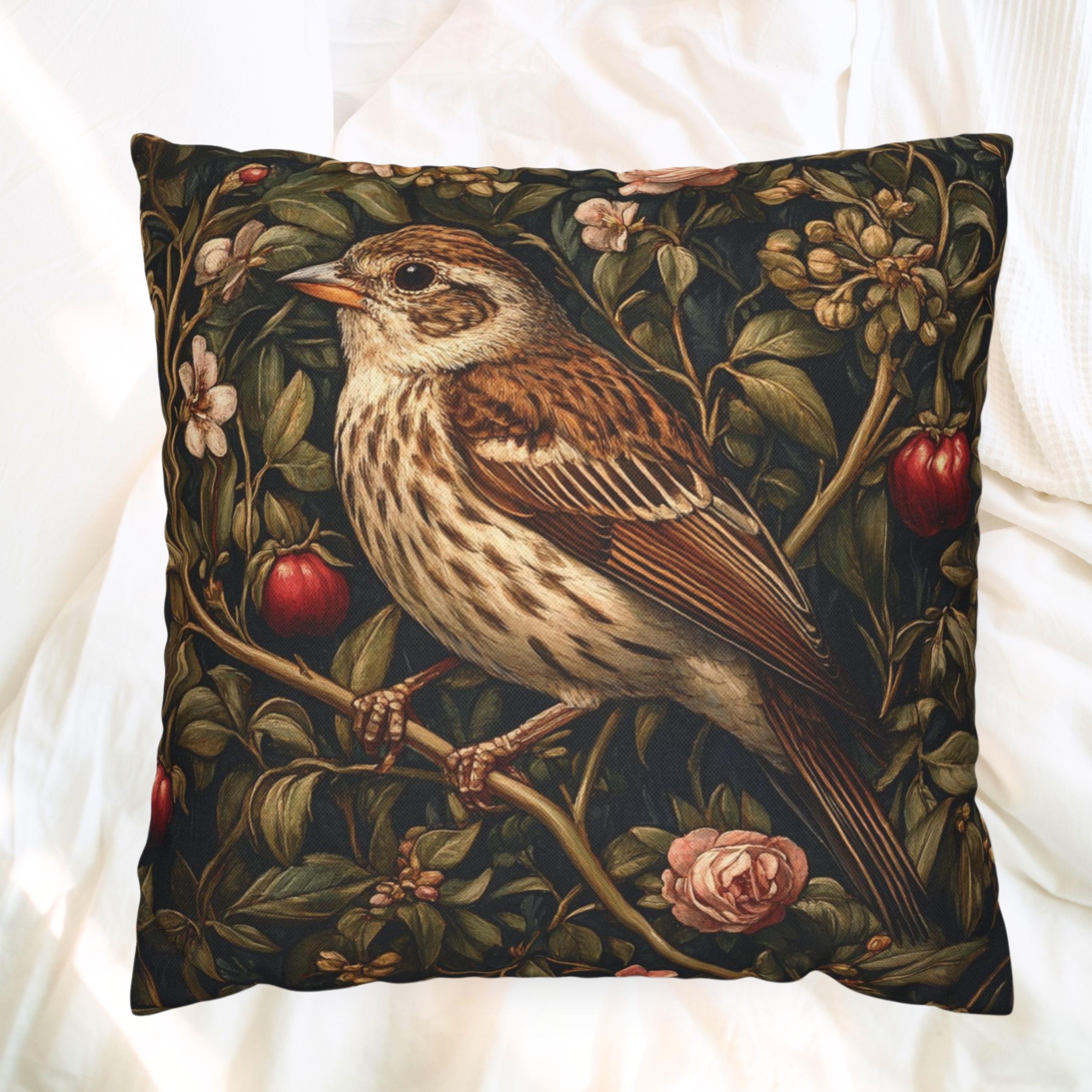 Vintage Songbird Floral Pillow, William Morris Style Cushion, Victorian Nature Inspired Home Decor, Cottagecore Throw Pillow