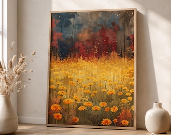 Golden Wildflower Canvas Wall Art, Abstract Meadow Print, Moody Botanical Decor, Modern Nature Artwork, Framed Living Room Statement Piece