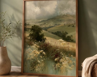 Green Valley Wall Art, Hillside Meadow Poster Print, Vertical Country Landscape Artwork, Japandi Framed Botanical Giclee, Best Selling Gift