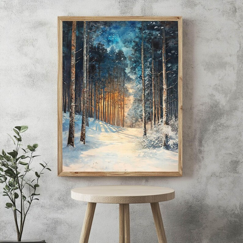 Golden Glow Winter Forest Wooden Canvas Art, Snowy Pine Tree Wall Print, Cozy Holiday Framed Decor imagen 8