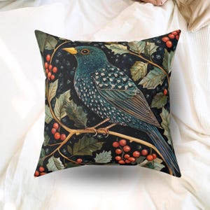 Christmas Bird Pillow, William Morris Inspired Throw, Flower Botanical Pillow, Maximalist Luxury Decor, Christmas Botanical Decor