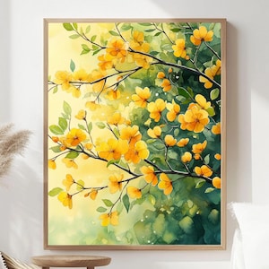 Può includere: Una stampa artistica da parete rettangolare che presenta un dipinto ad acquerello di fiori gialli su rami verde scuro. Lo sfondo passa da una luce gialla brillante a sinistra a un fogliame verde intenso a destra, creando un contrasto.