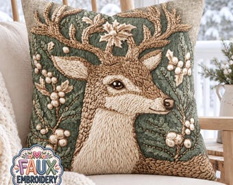 Stag Throw Pillow, Faux Embroidery Print, Forest Green Woodland Cushion, Rustic Christmas Decor, Cream Brown Deer Accent, Nature Lover Gift