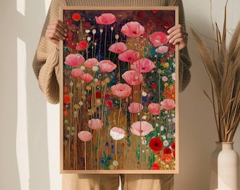 Cottagecore Poppy Canvas Decor, Gustav Klimt Inspired Pink Floral Wall Art, Botanical Framed Canvas, Romantic Flower Artwork