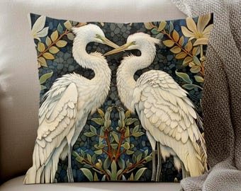 Twin White Egret Pillow, Art Nouveau Bird Cushion, Floral Throw Pillow, Elegant Nature Couch Accent, William Morris Inspired Pillowcase