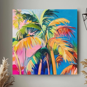 Puede incluir: Un cuadro cuadrado sobre lienzo que muestra palmeras estilizadas con pinceladas vibrantes en tonos naranja, amarillo, verde y rosa. El fondo es de un color azul brillante y sólido, creando una escena de alto contraste con follaje.