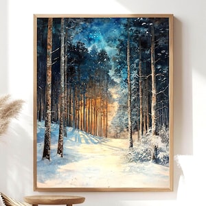 Golden Glow Winter Forest Wooden Canvas Art, Snowy Pine Tree Wall Print, Cozy Holiday Framed Decor imagen 1