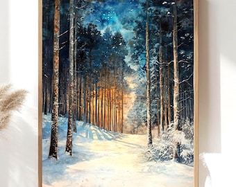 Puede incluir: Una impresión de arte mural rectangular vertical que muestra una escena de bosque invernal con altos pinos cubiertos de nieve. El suelo está cubierto de nieve blanca, mientras una cálida luz dorada brilla desde el centro del bosque, contrastando con el cielo azul profundo.