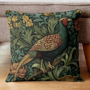 Pheasant Throw Pillow William Morris Bird, Autumn Sofa Accent, Rustic Decorative Pillow, Nature Inspired Home Decor