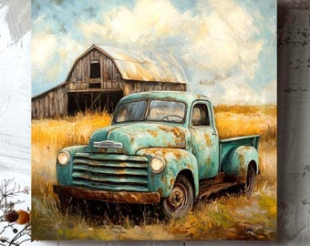 May include: A square canvas print featuring an oil painting of a weathered teal pickup truck parked in a golden field. In the background, a rustic wooden barn stands under a cloudy sky. The truck shows signs of rust and age, with visible headlights.