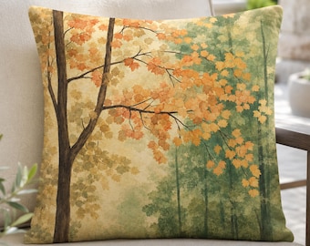 Autumn Forest Square Pillow, Orange Leaf Cushion, Woodland Throw Pillow, Rustic Fall Home Decor, Cottage Housewarming Gift for Nature Lovers