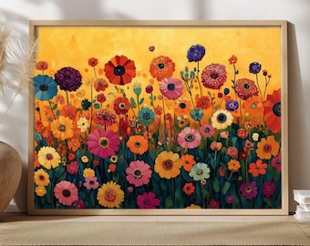 Väggkonst med vildblommande äng, livfullt blommigt landskapstryck, inramad canvasduk med stugträdgård, naturlandskapsinredning, botanisk heminredning