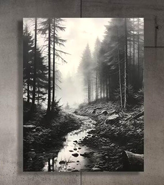 Black and White Misty Forest Canvas Wall Art, Black Framed Wall Art, Foggy Forest Wall Art, Foggy Forest Art, Moody Black and White Painting