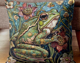Cojín de rana caprichoso, cojín de jardín botánico, cojín decorativo inspirado en la naturaleza del bosque, funda de almohada de rana de William Morris, acento animal para el sofá