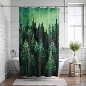 Evergreen Forest Shower Curtain, Nature-Inspired Bath Curtain, Green Print Shower Curtain, Modern Nature Bathroom Decor