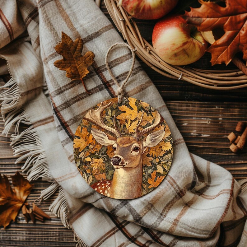 William Morris Inspired Autumn Deer Ornaments, Round Ceramic Ornaments