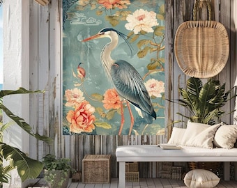 Chinoiserie Blue Heron Art, Vintage Coastal Home Decor, Framed Nature Canvas Art, Vintage Inspired Illustration, Ready to Hang Decor