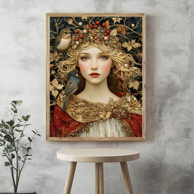 Winter Solstice Goddess Wooden Canvas Art, Enchanted Woman Wall Print, Holiday Nature-Inspired Decor, Mystical Framed Canvas image 8