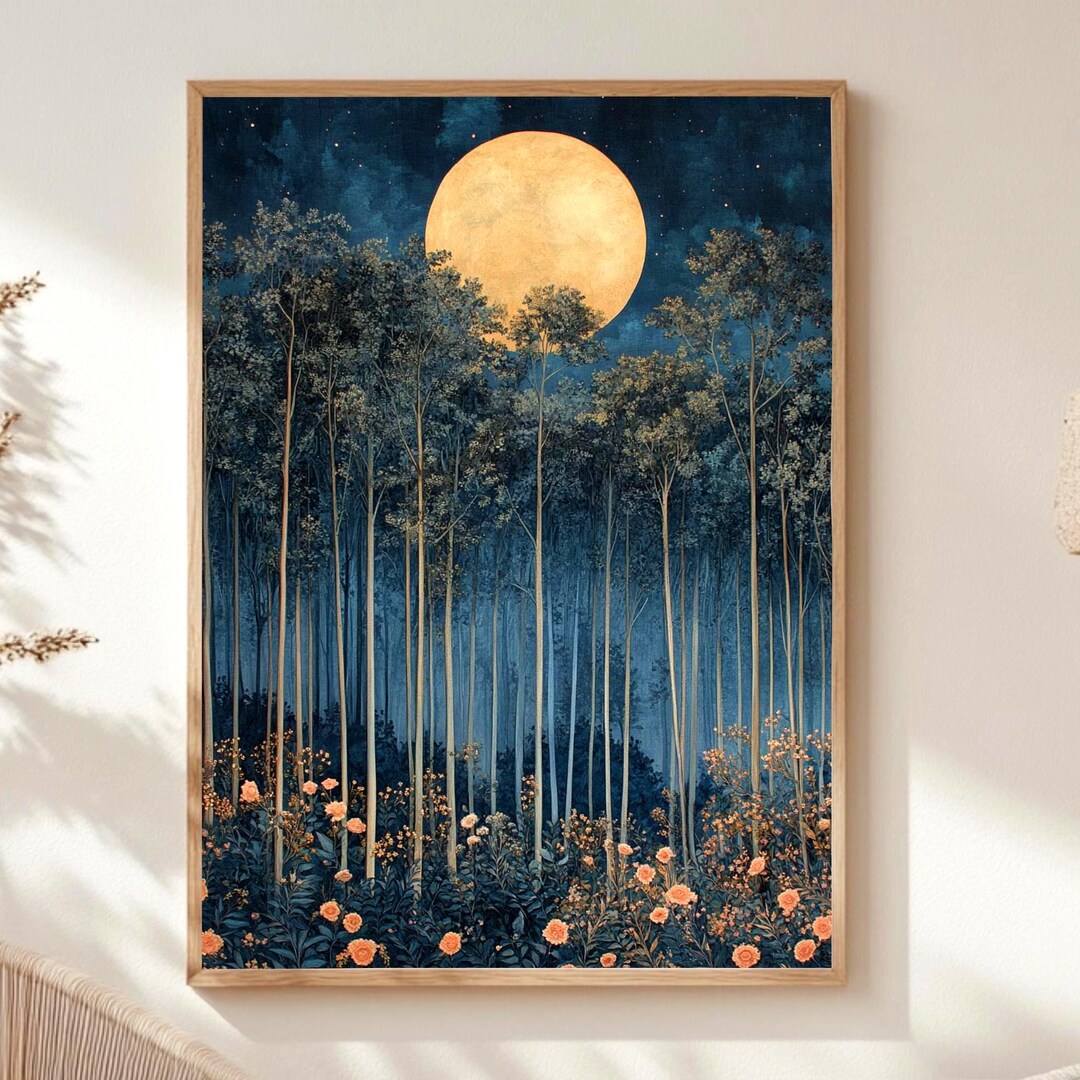 Moonlit Forest Framed Canvas, Ethereal Night Woodland Wall Art ...
