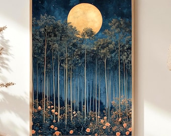 Mondlicht Wald Leinwand, Ätherische Nacht Wald Wandkunst, Mystische Blumen Natur Druck, Verzauberte Landschaftsdekoration, Eleganter Wohnakzent