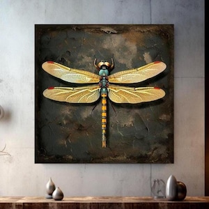 Vintage Dragonfly Canvas Wall Art, Garden Dragonfly Painting,  Dragonfly Art Ready to Hang Home Decor, Dragonfly Gift