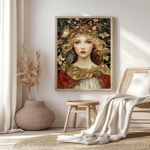 Winter Solstice Goddess Wooden Canvas Art, Enchanted Woman Wall Print, Holiday Nature-Inspired Decor, Mystical Framed Canvas image 4