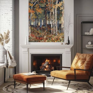 May include: A large rectangular wall art print depicting a dense forest scene with tall trees, autumn foliage in shades of orange, yellow, and deep green, and a detailed forest floor filled with colourful plants and flowers in a vertical orientation.