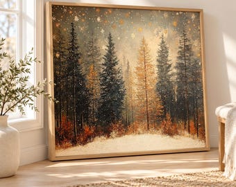 Christmas Forest Wall Art, Golden Snowflake Canvas Print, Vintage Winter Landscape, Rustic Farmhouse Holiday Decor, Woodland Home Decor Gift
