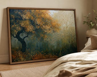 Golden Forest Landscape Canvas Print, Autumn Tree Panoramic Wall Art, Misty Woodland Panoramic Giclee, Modern Japandi Decor, Large Gift