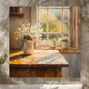 Rustic Farmhouse Kitchen Canvas Art, Sunlit Farmhouse Decor, Country Kitchen Scene, Rustic Kitchen Canvas, White Daisies Watercolor Art