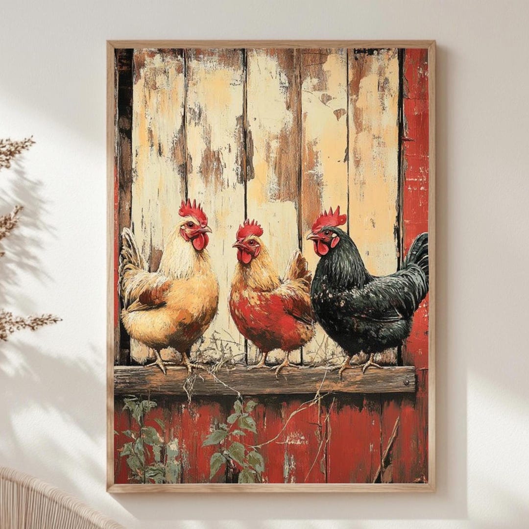 Vintage Chickens Wall Art, Farm Animal Poster Print, Rustic