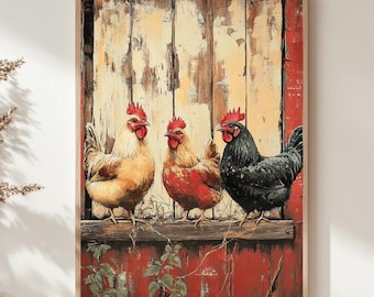 Vintage Chickens Wall Art, Farm Animal Poster Print, Rustic Country Canvas, Framed Barnyard Decor for Farmhouse Kitchen or Home, Nature Art