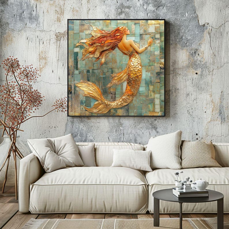 Mosaic Look Gold Mermaid Wall Art, Ocean Fantasy Decor, Elegant Mermaid Print, Coastal Beach Mermaid Wall Art Print image 2