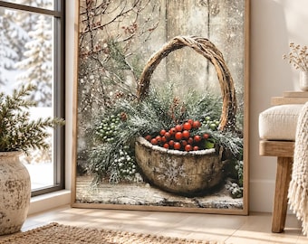 Winter Botanical Wall Art, Rustic Wicker Basket Canvas, Frosted Pinecones And Red Berries, Vintage Farmhouse Decor, Housewarming Gift