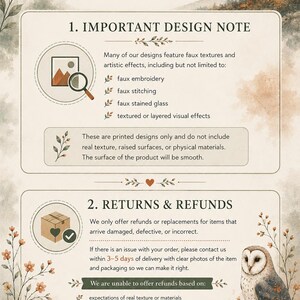 The image is a detailed guide to home decor, providing information on important design notes and returns and refunds policies.