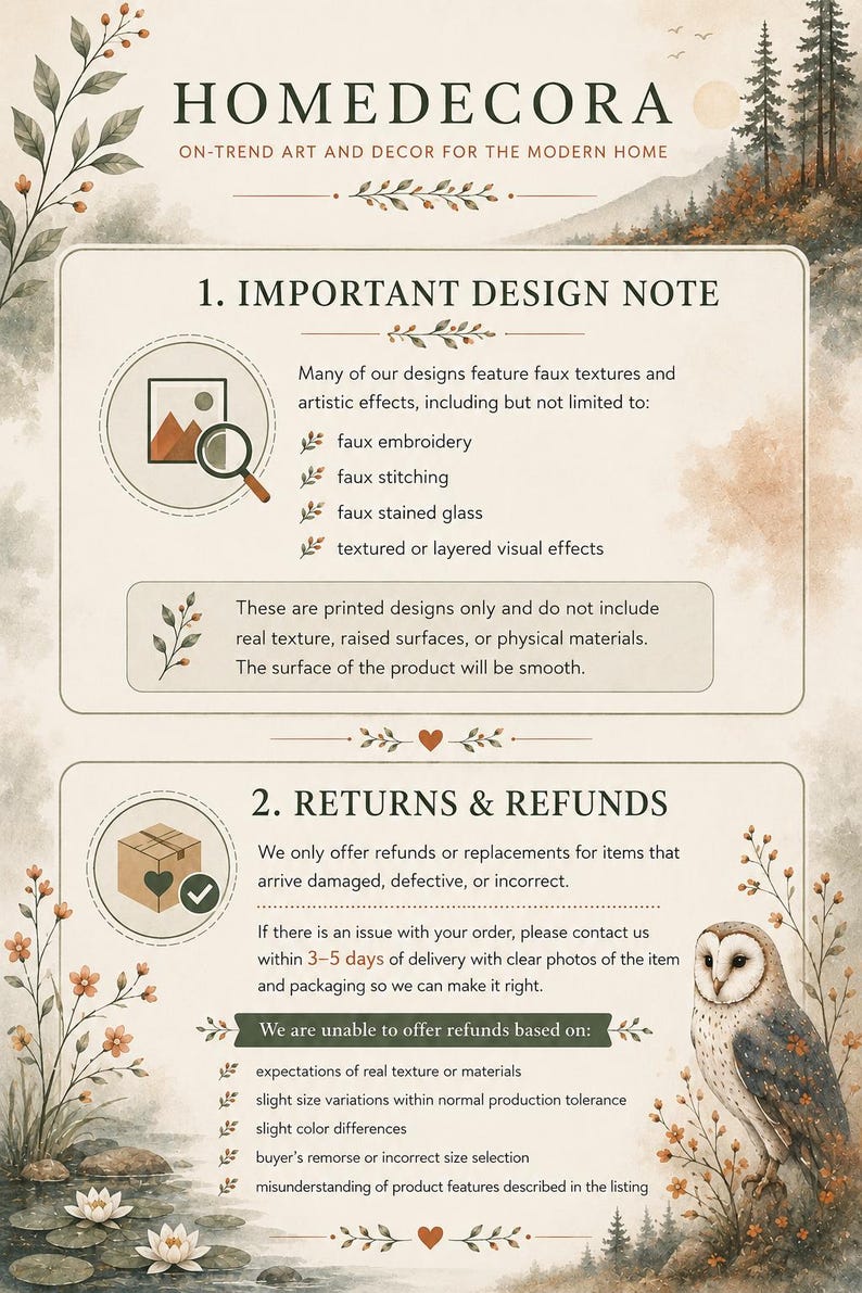 The image is a detailed guide to home decor, providing information on important design notes and returns and refunds policies.